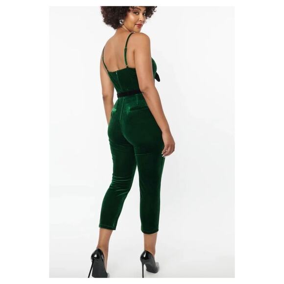 Unique Vintage Velvet Holiday Cropped Jumpsuit Emerald Sz L #8 - Picture 3 of 6